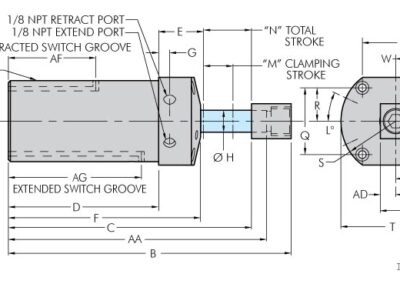 Top Flange Threaded Body Pneumatic Swing Clamp Drawing