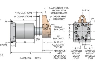 Low Profile, Bottom Flange Swing Clamp Dimensions