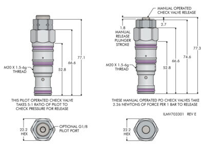 Cartridge Mount Pilot and Manual Operated Check Valve Dimensions