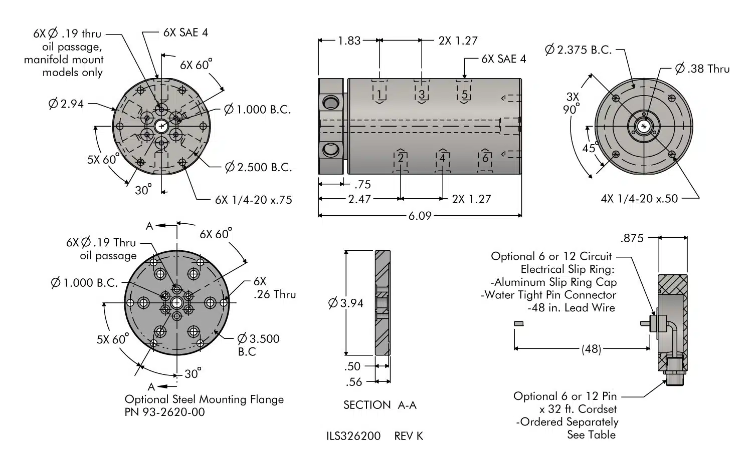 ils326200 Rotating Union, 6 Path Dimensions