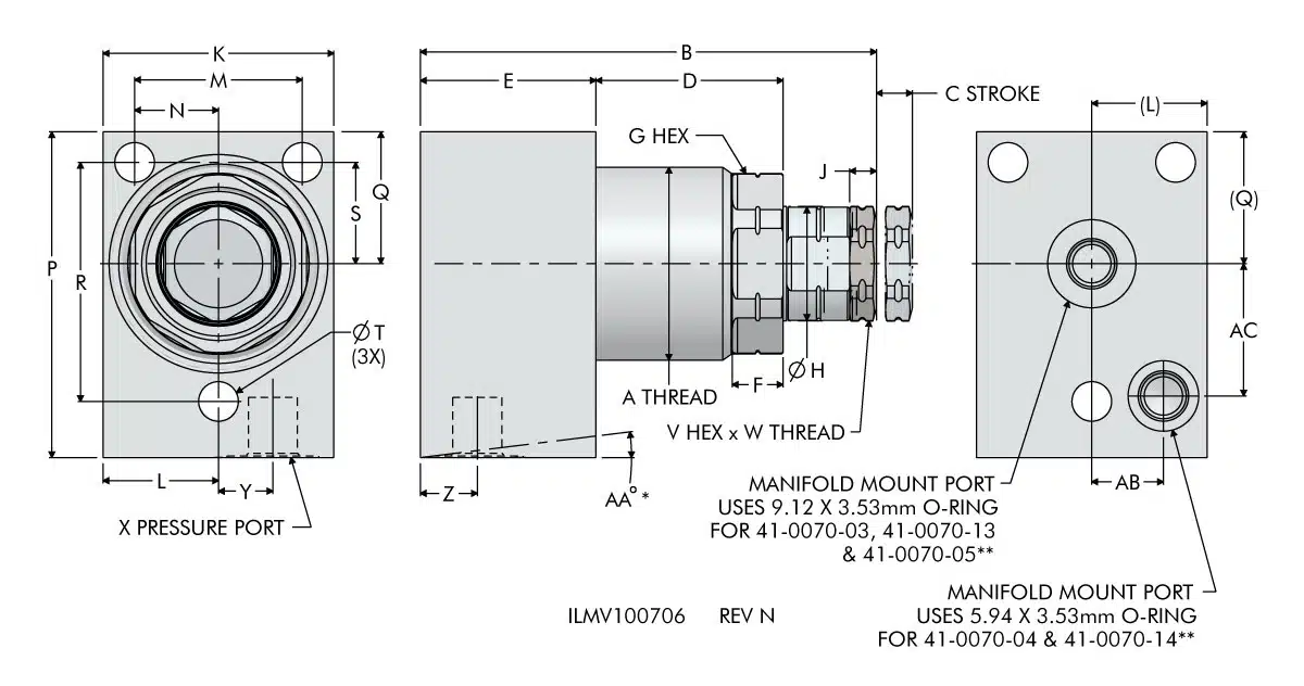 ilmv100706 TuffGrip™ High Capacity, Fluid Advance Work Supports, 3-Bolt Base Dimensions