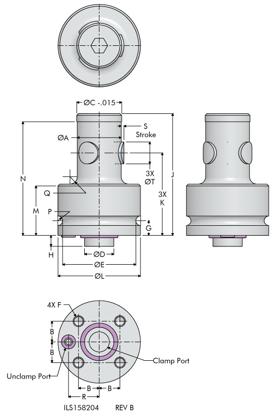 ils158204 Top Flange Double Acting Position Sensing Work Supports - Dimensions