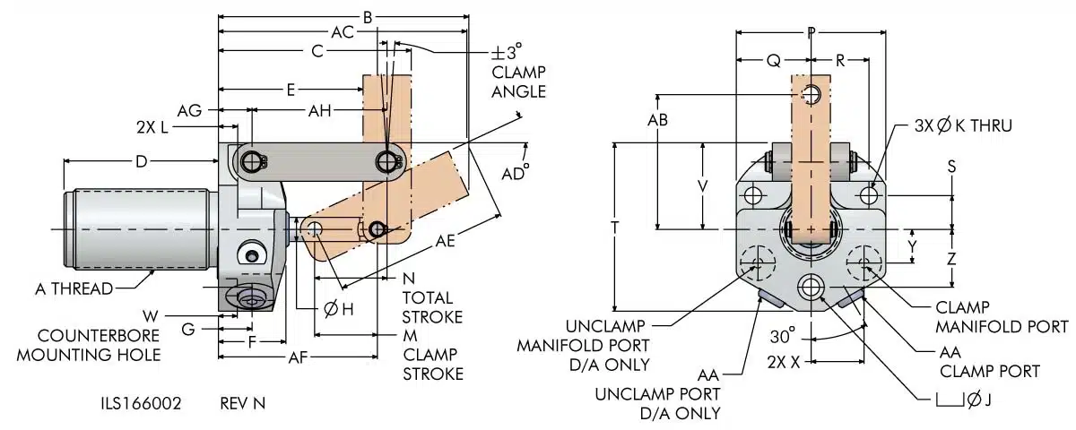 ils166002 Top Flange Double Acting Position Sensing Work Supports - Dimensions