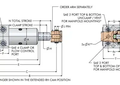 TuffCam Bottom Flange Clevis Swing Clamp Dimensions