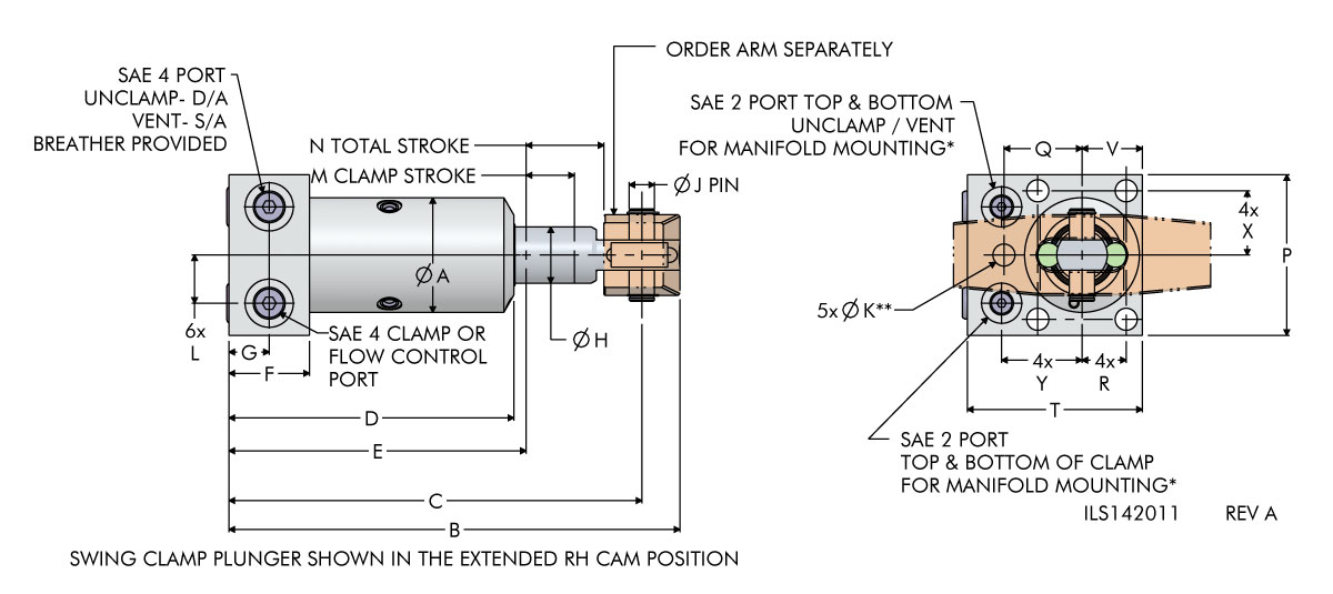 ils142011 TuffCam Bottom Flange Clevis Swing Clamp Dimensions